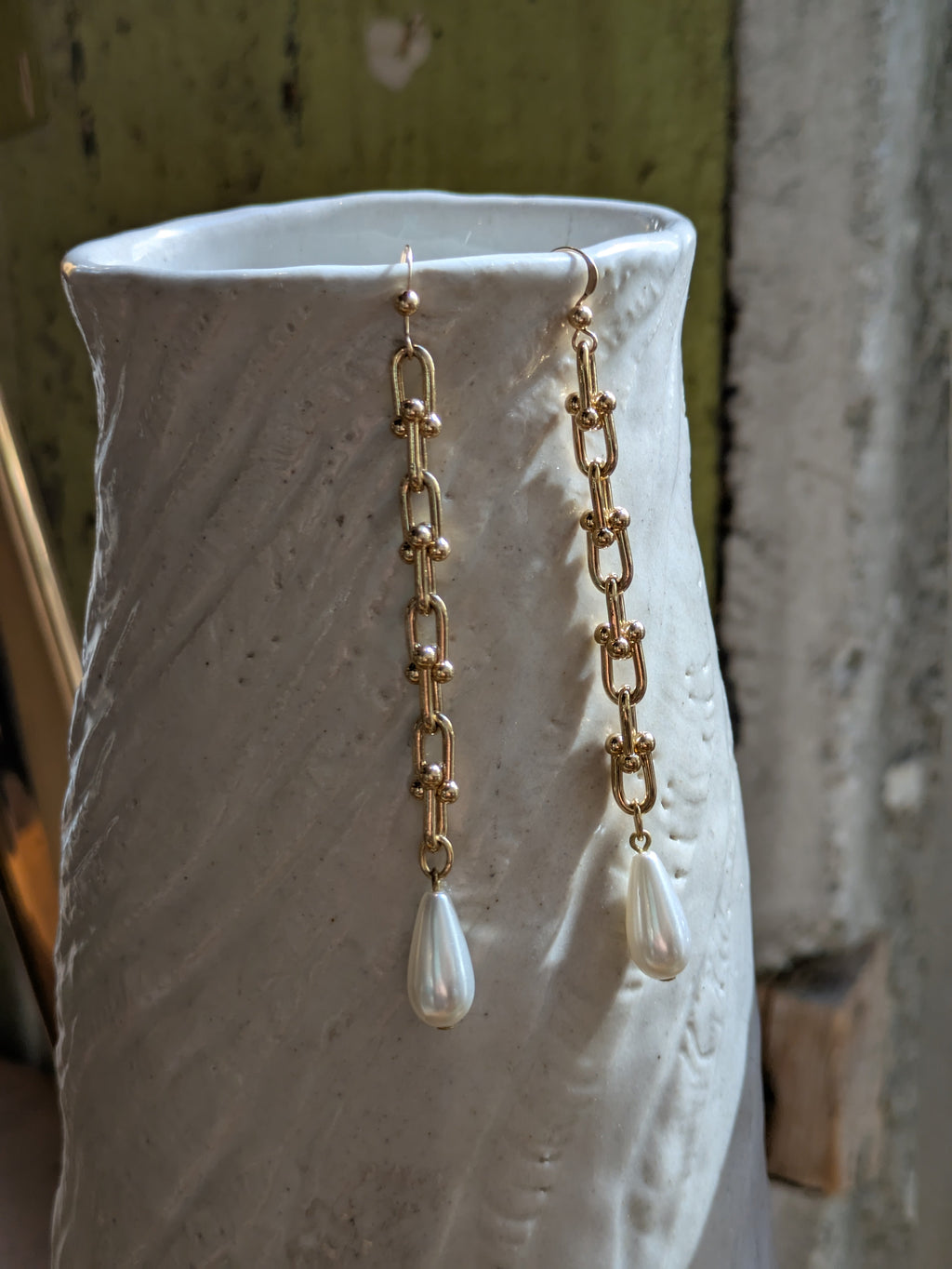 Sheila B. Gold Dumbbell Chain with Pearls Earrings