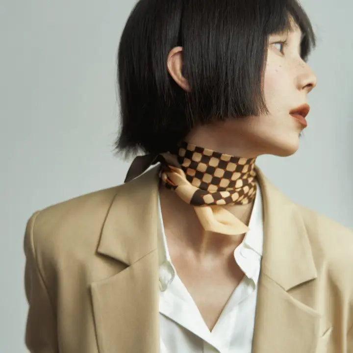 “Checkerboard” Silk Skinny Scarf - Coffee