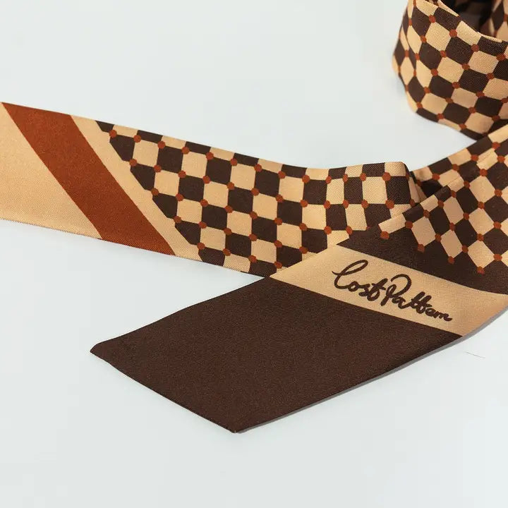 “Checkerboard” Silk Skinny Scarf - Coffee